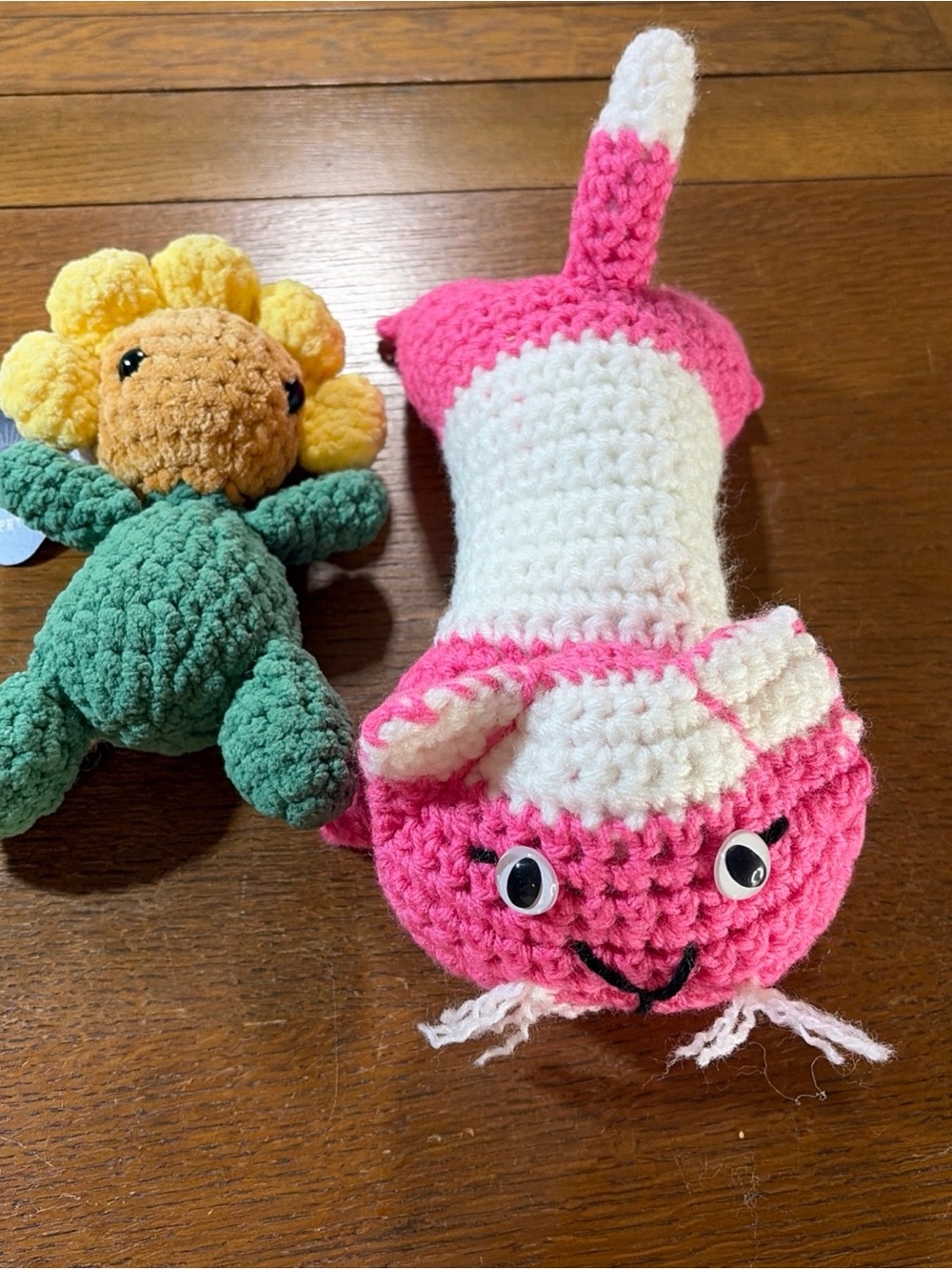 Hand Crocheted Stuffed Animals. Sunflower 7” & Pink And White Cat 10”